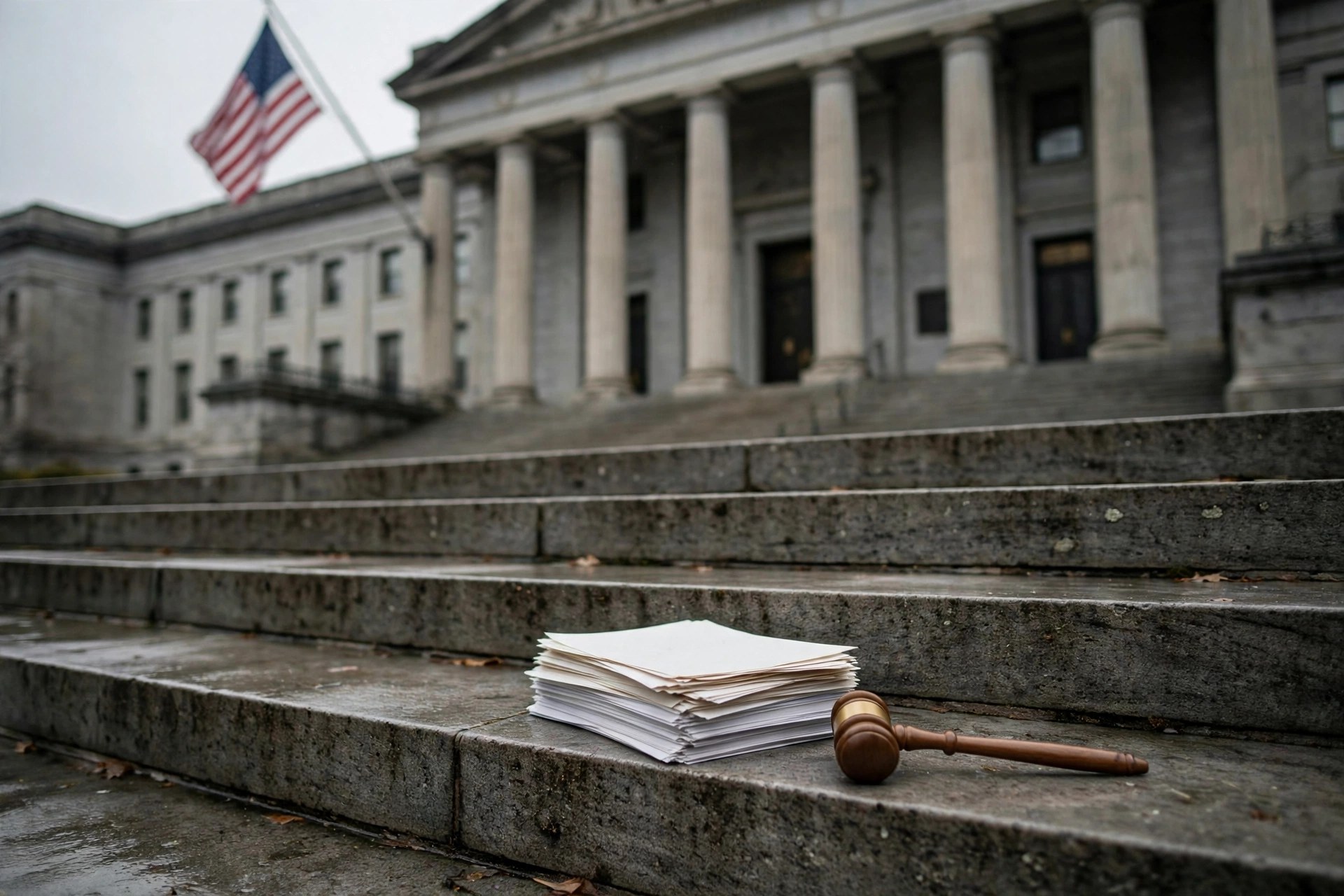 Editorial illustration: federal courthouse steps with an American flag, voter registration forms and a gavel