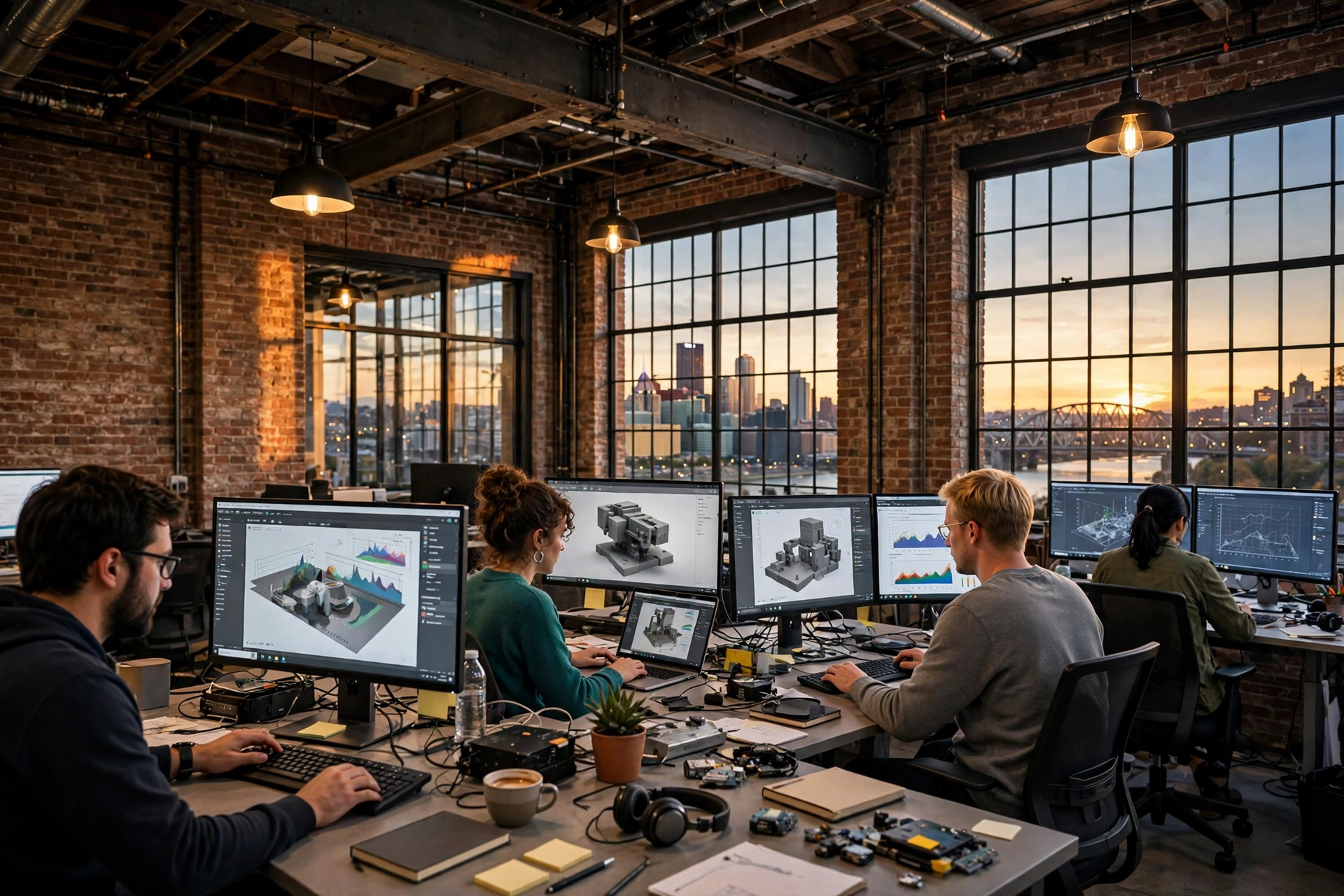 Editorial illustration: a modern tech office in a brick Strip District building in Pittsburgh, engineers at desks with large monitors