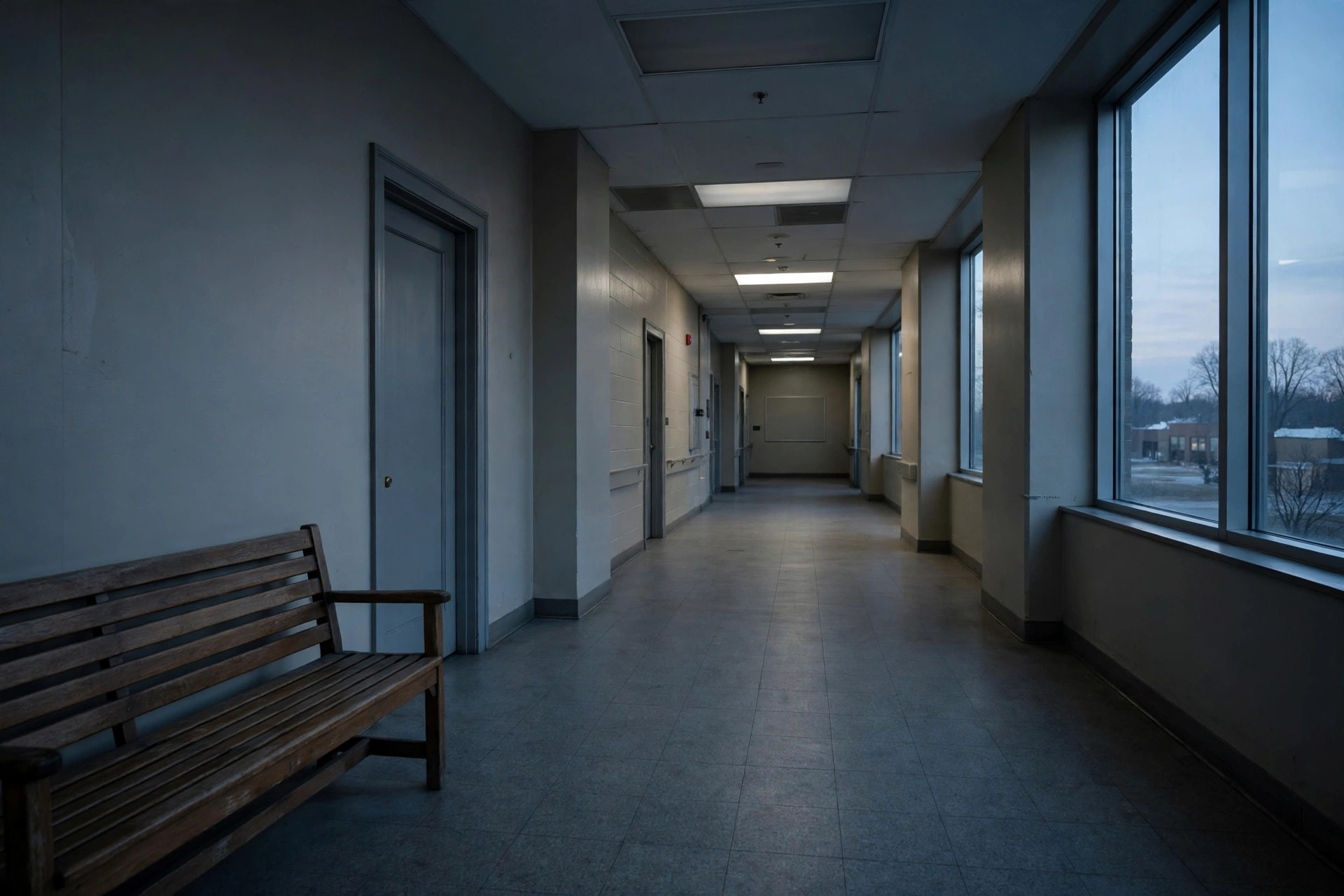 Editorial illustration: a quiet federal immigration courthouse corridor in Iowa at dawn