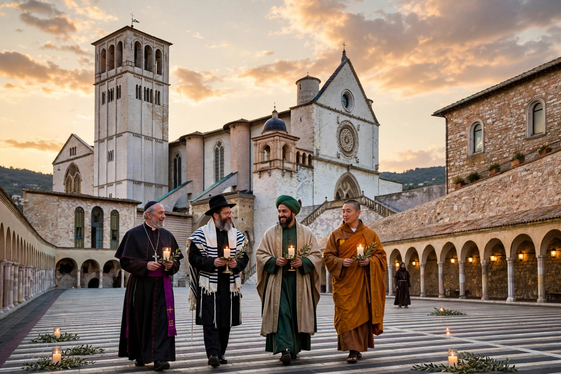 Editorial illustration: the Basilica of Saint Francis in Assisi at dusk, with religious leaders walking together in the piazza