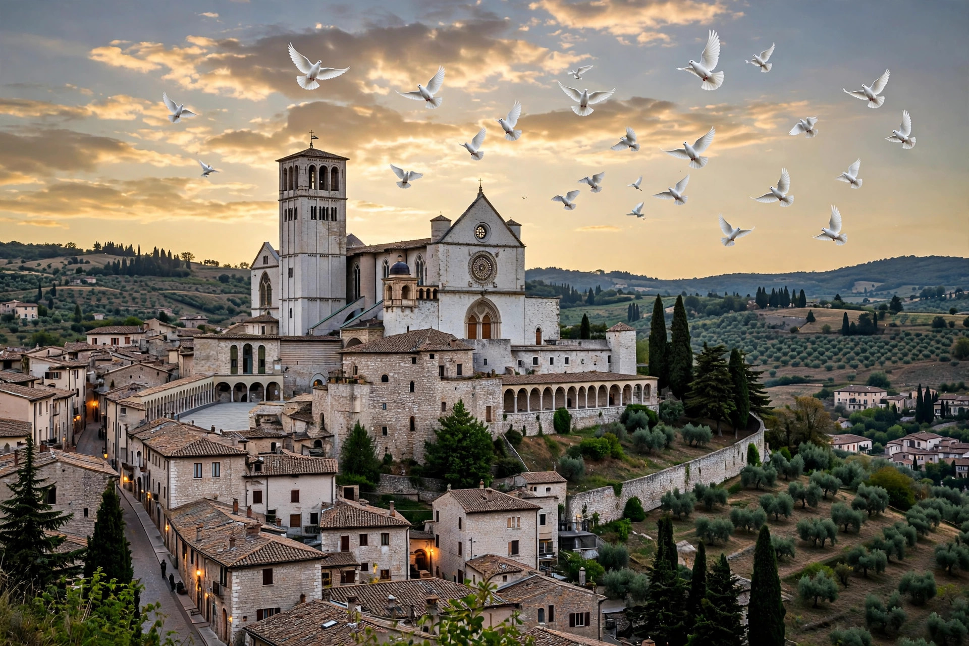 Editorial illustration: the Basilica of Saint Francis in Assisi at dusk with doves overhead