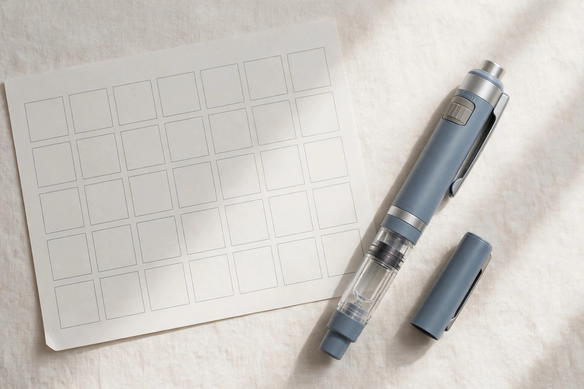 Editorial illustration: a modern insulin injection pen beside a weekly calendar on a bright surface