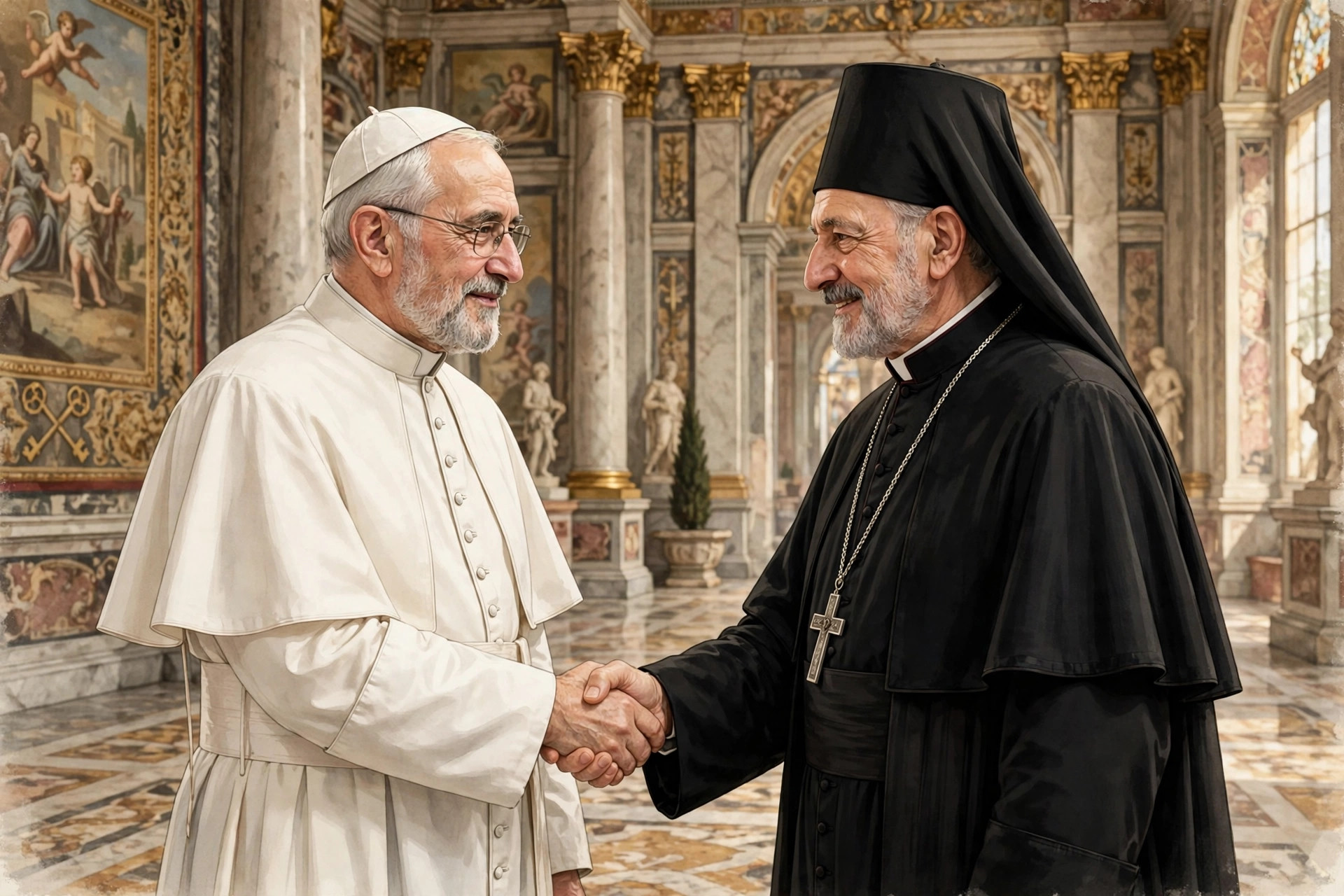 Editorial illustration: two senior religious leaders meeting in an ornate Vatican hall