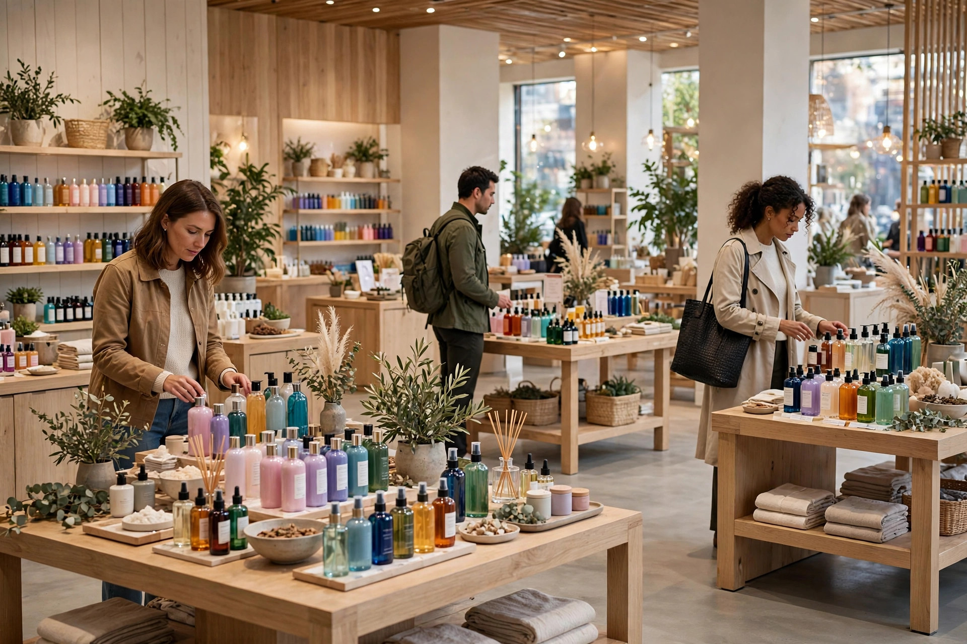 Editorial illustration: a bright modern fragrance retail store interior with display tables