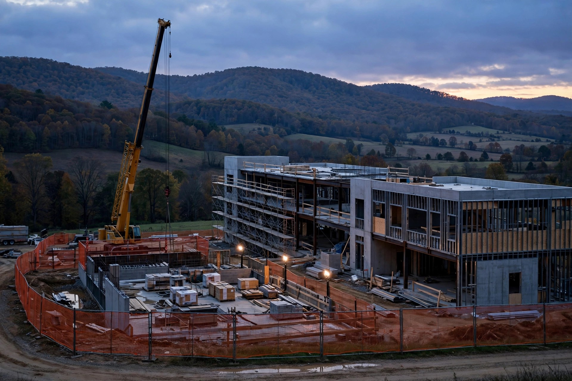 Editorial illustration: a hospital construction site in rural Ohio at dusk with a crane and Appalachian hills