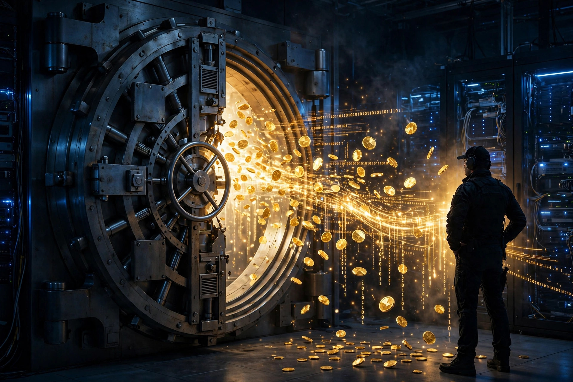 Editorial illustration: a digital vault door ajar in a dark server room, with glowing digital coins streaming out