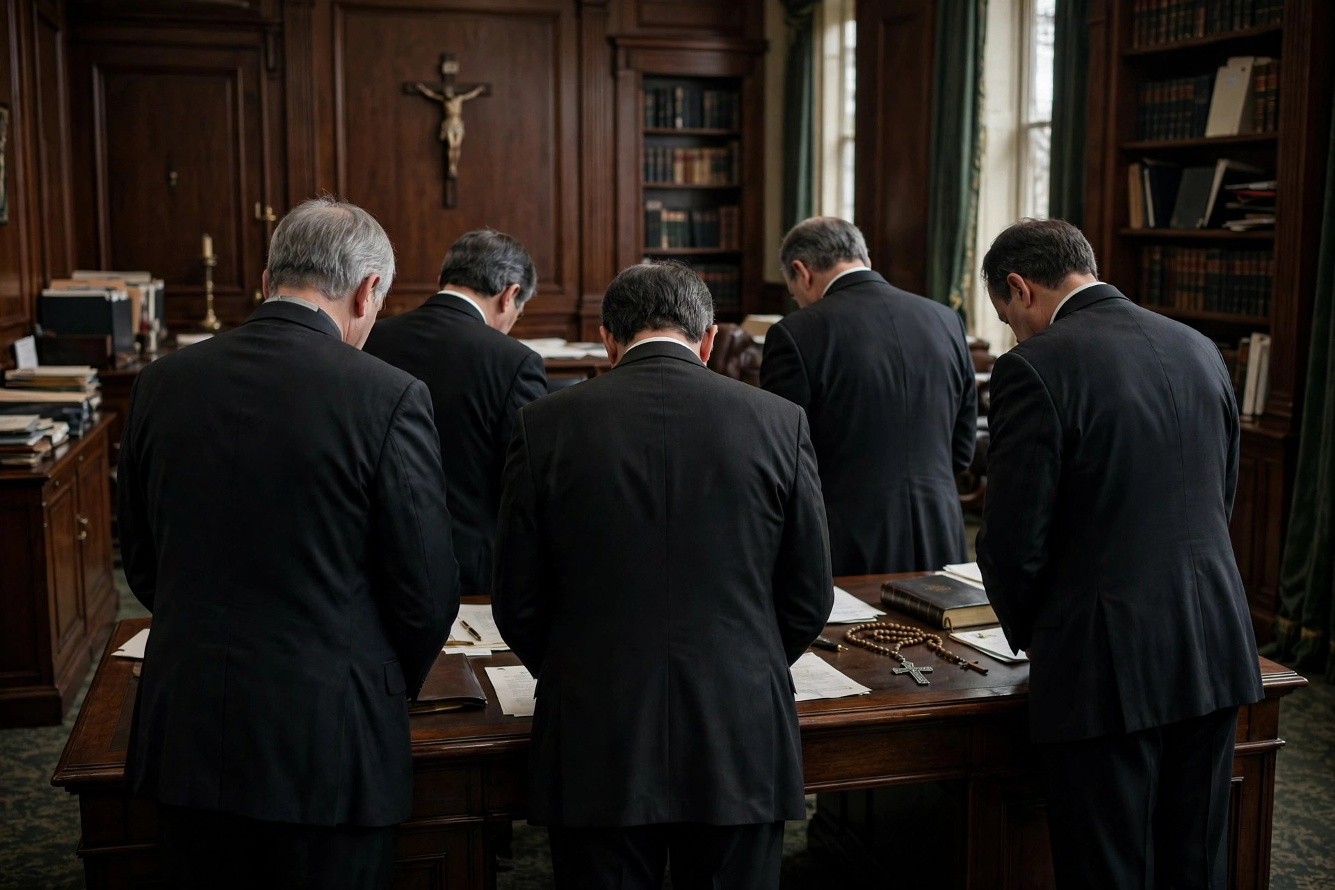 Editorial illustration: clergy members with bowed heads standing around a large wooden desk in a formal office
