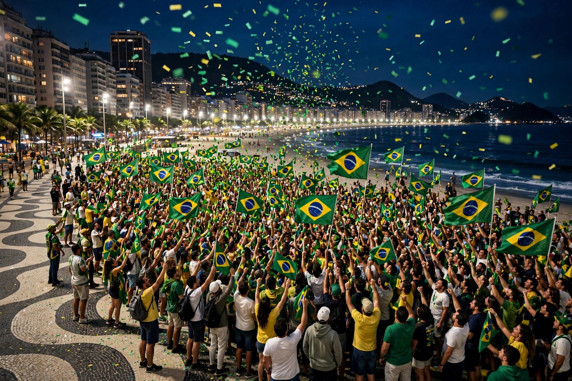 Editorial illustration: a large crowd waving Brazilian flags on Copacabana beach in Rio de Janeiro at night