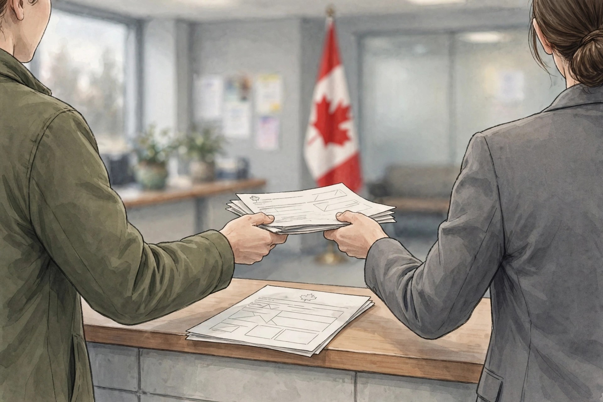 Editorial illustration: a worker handing documents across a government office counter, with a Canadian flag softly blurred in the background