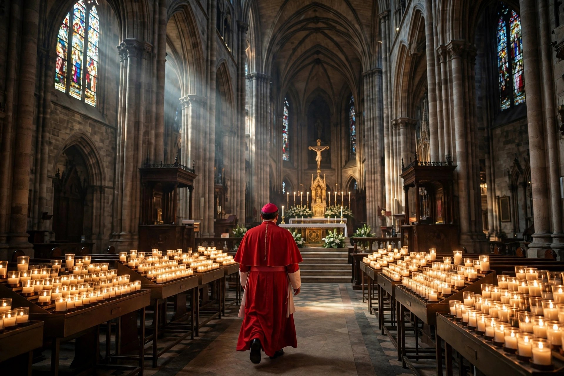 Editorial illustration: a cathedral interior with glowing candles and a cardinal in red vestments seen from behind