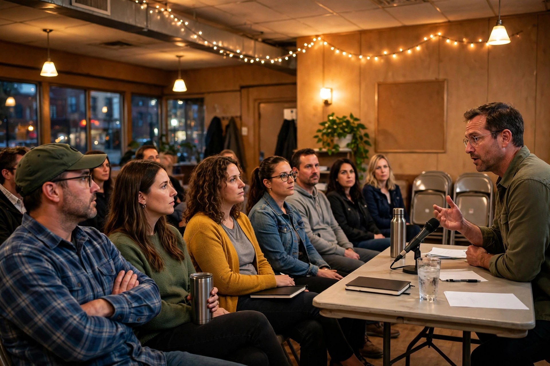 Editorial illustration: a community meeting in a neighborhood hall, parents listening to a speaker