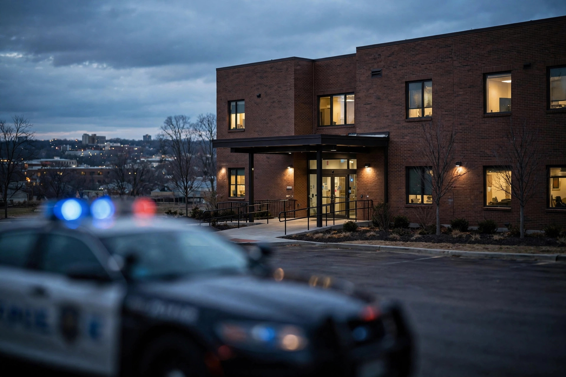Editorial illustration: a behavioral health hospital building exterior in Cincinnati at dusk
