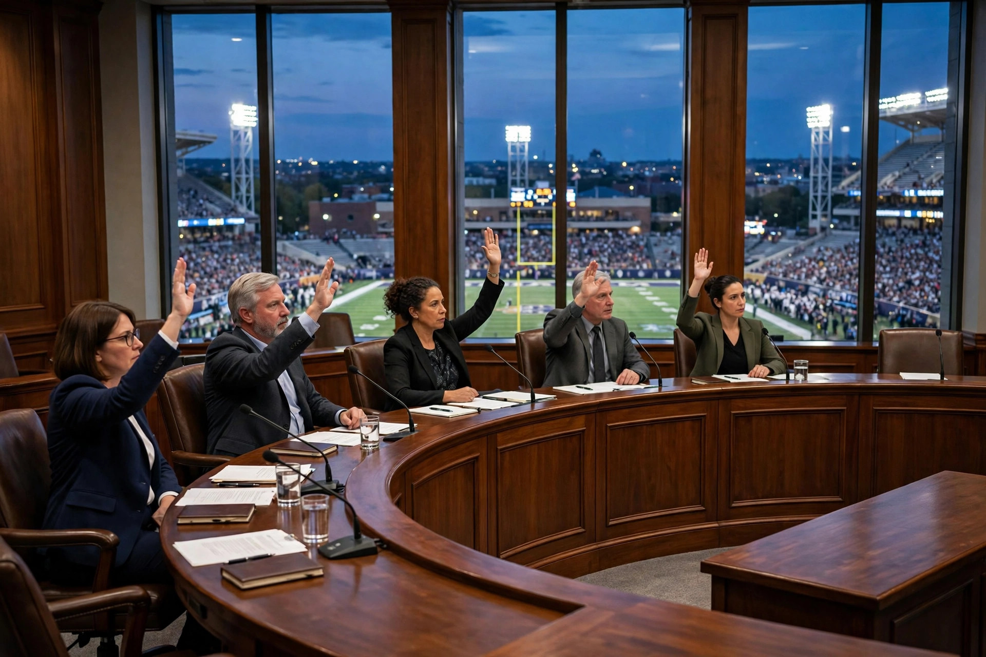 Editorial illustration: a city council chamber during a vote, with a football stadium visible through tall windows at dusk