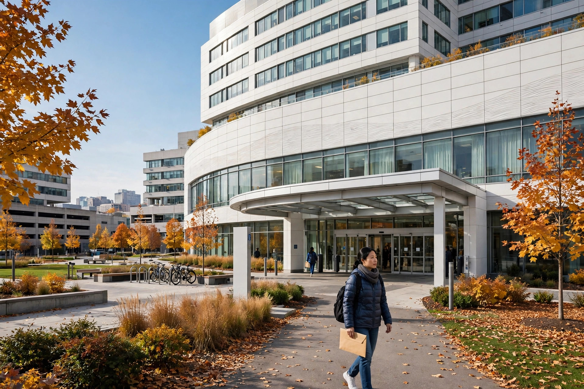 Editorial illustration: a large hospital campus in Cleveland on a bright autumn day