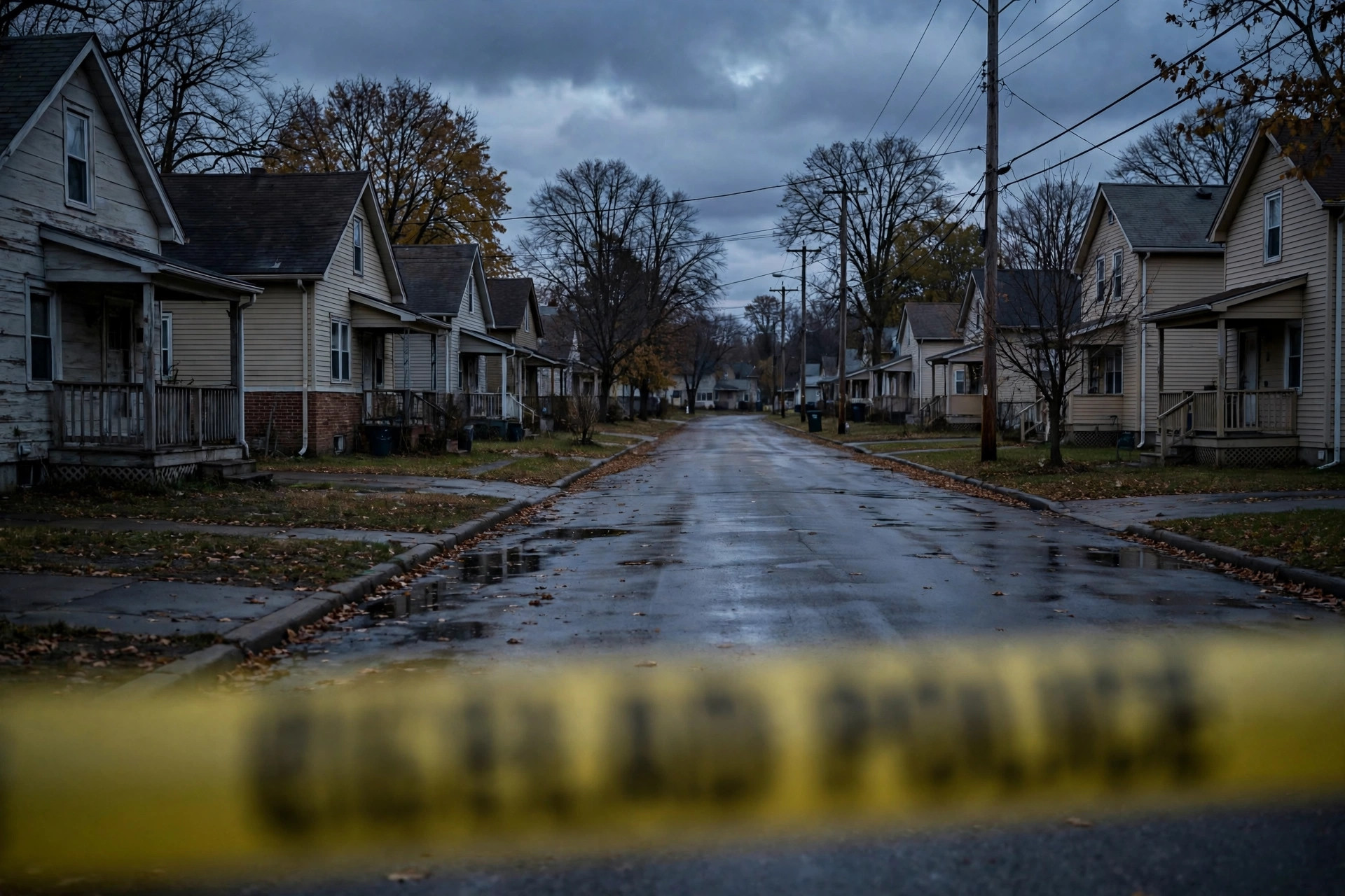Editorial illustration: a quiet Cleveland residential street at dusk with police tape in soft focus