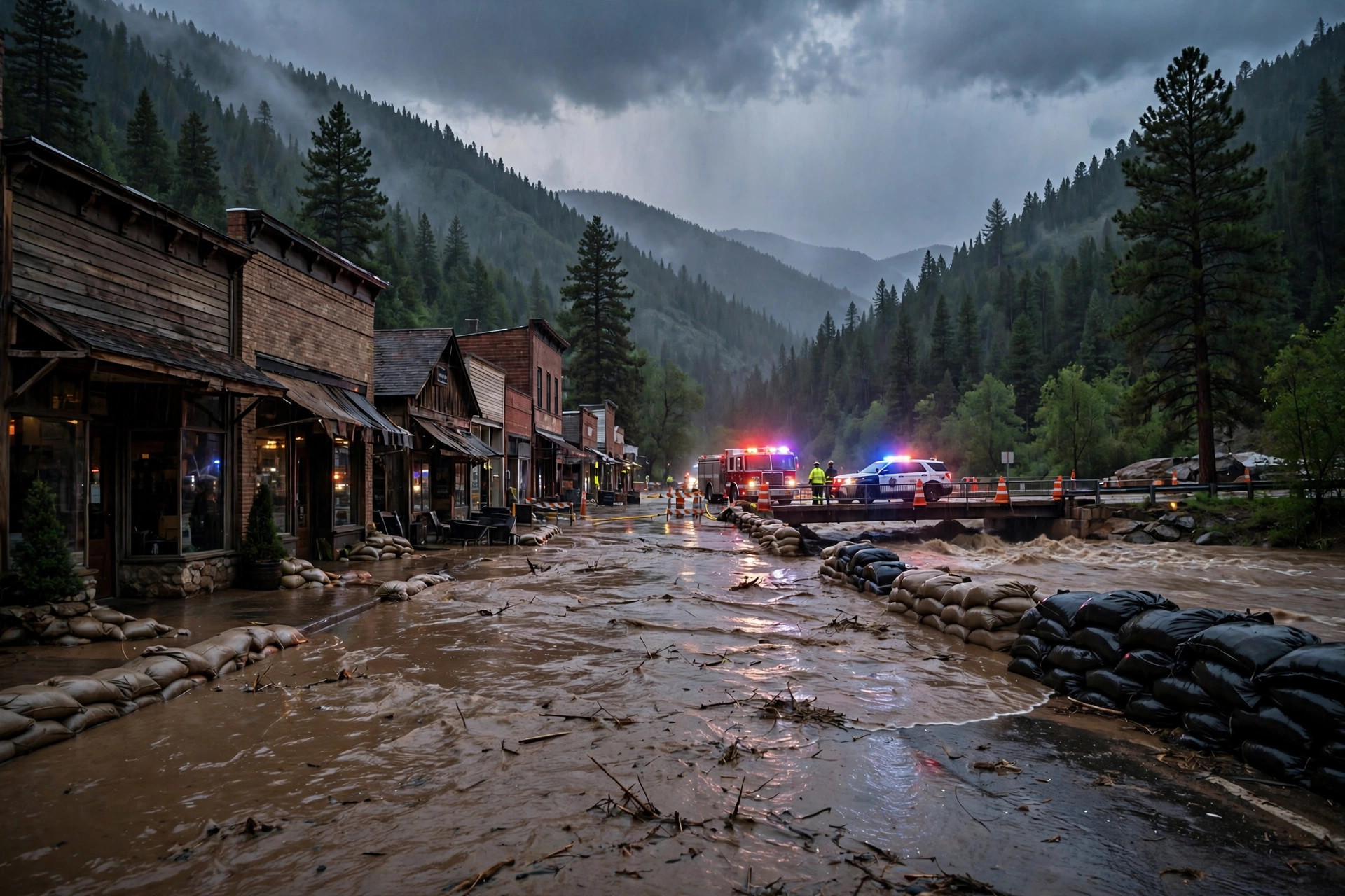Editorial illustration: a flooded main street in a Colorado mountain town, sandbags stacked against storefronts, emergency vehicles with lights flashing, and a swollen river under a storm sky