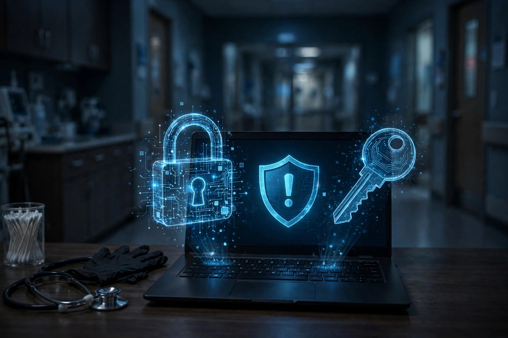 Editorial illustration: a dark clinic office with a laptop showing a security warning shield