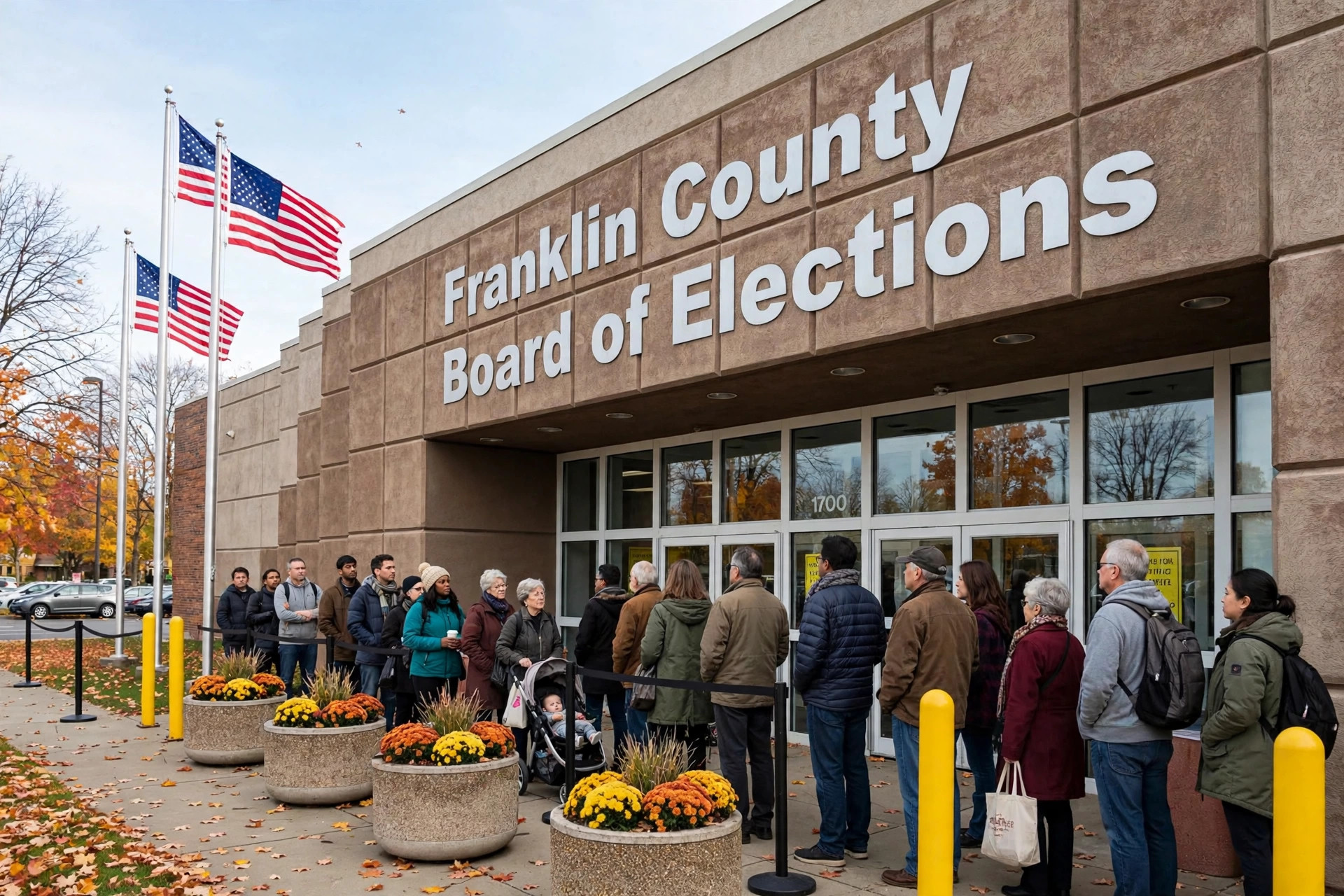 Editorial illustration: voters in line outside a county board of elections building in Columbus, Ohio, on an autumn day