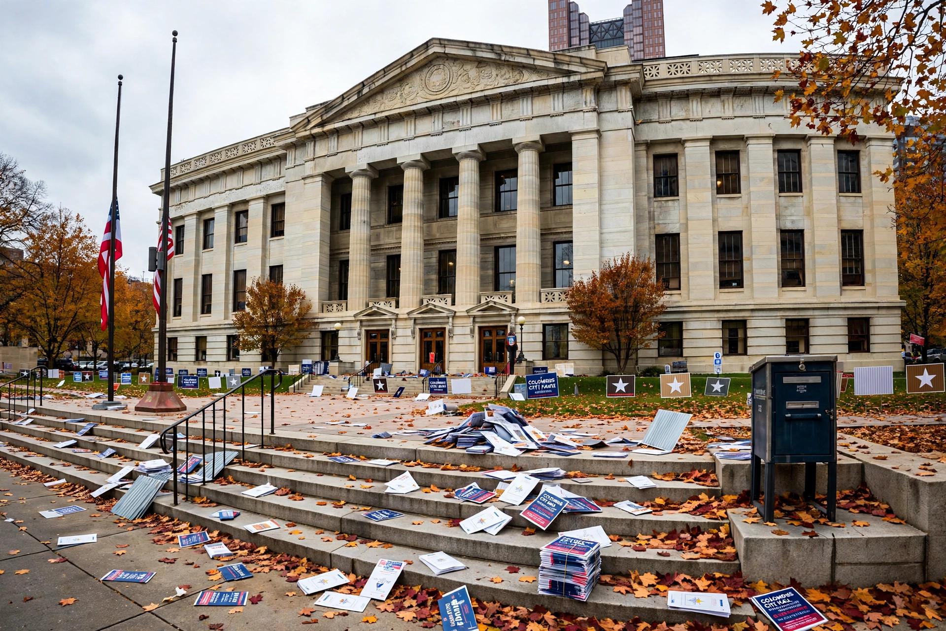 Editorial illustration: Columbus City Hall with campaign mailers on the steps