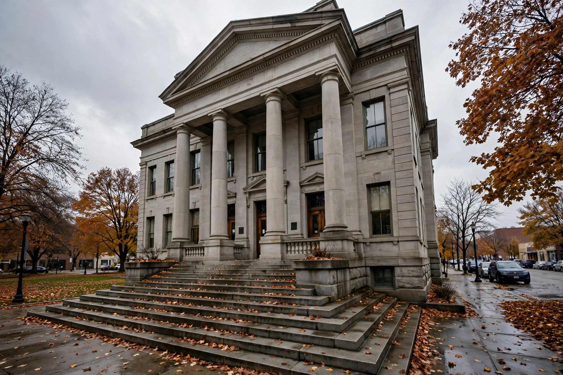 Editorial illustration: a county courthouse exterior in a Midwestern American city on an overcast autumn day