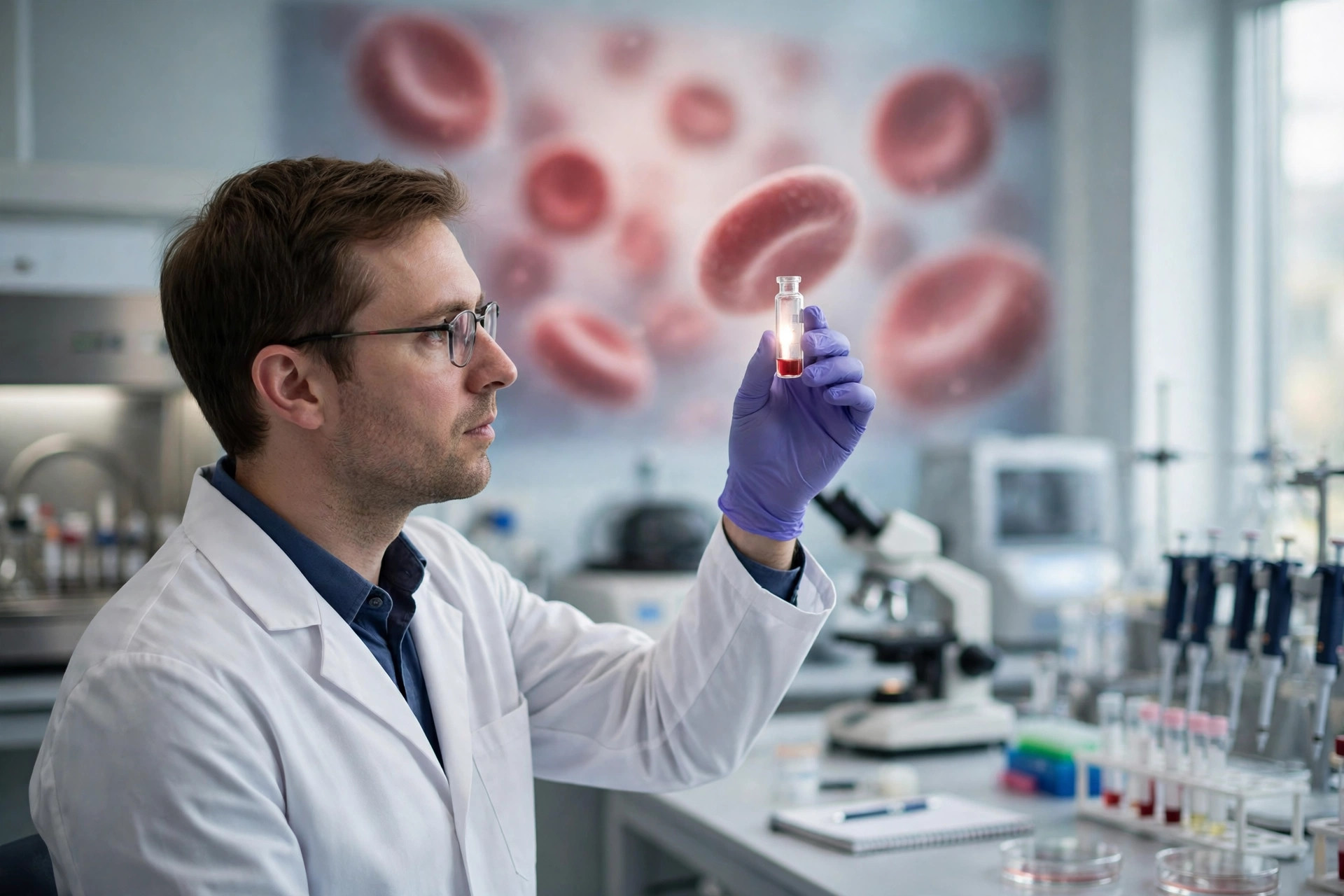 Editorial illustration: a modern biotech laboratory with a researcher holding a small vial