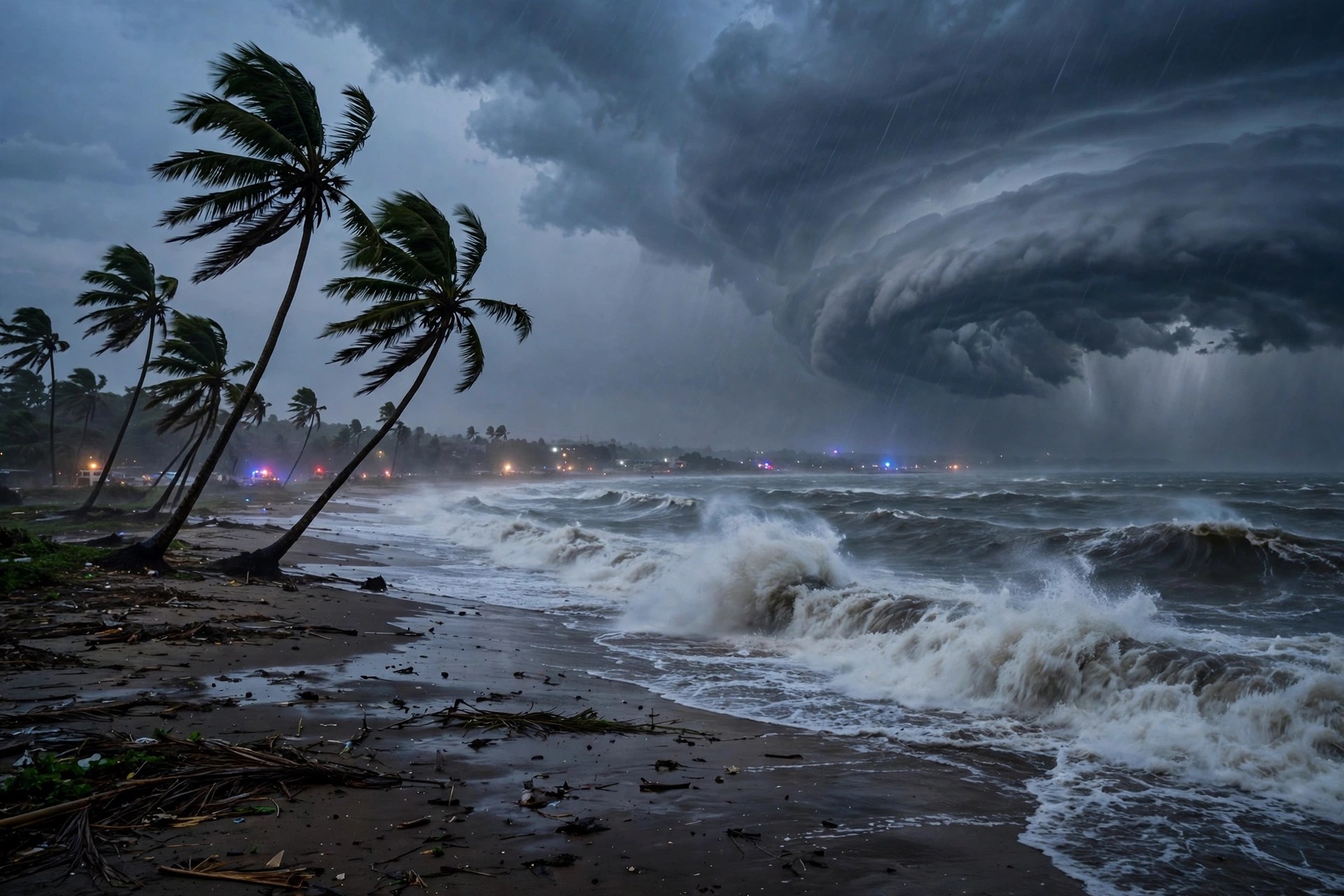 Editorial illustration: a powerful cyclone over India's eastern coastline, with dark swirling clouds, heavy rain and waves crashing on a deserted beach