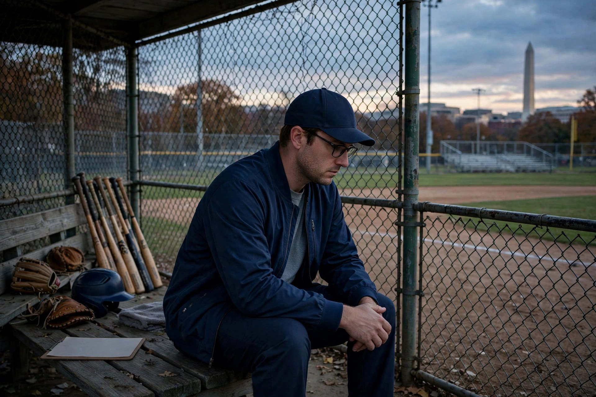 Editorial illustration: an empty youth baseball dugout at a school field in the evening