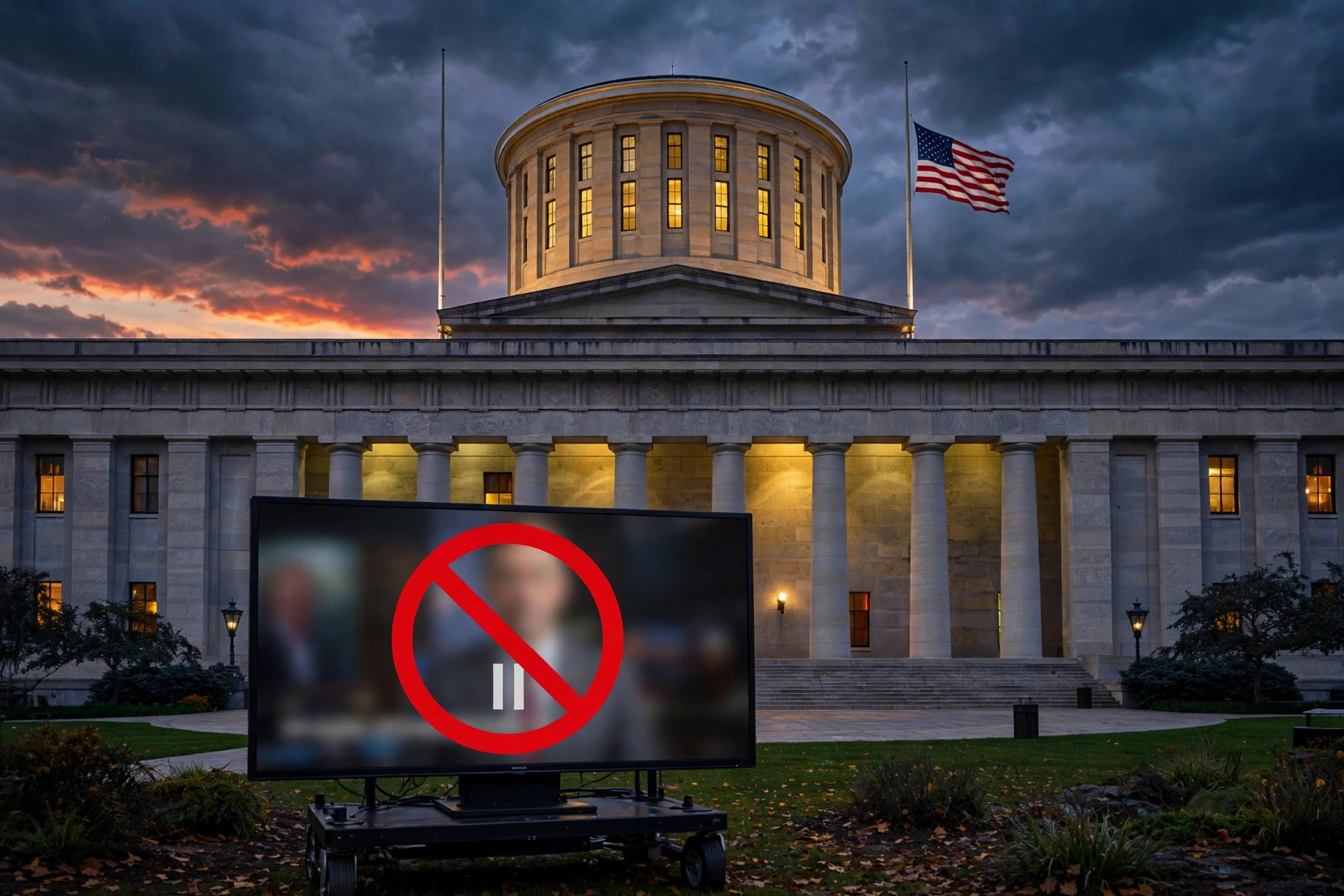 Editorial illustration: the Ohio Statehouse at dusk with a TV showing a political ad crossed out