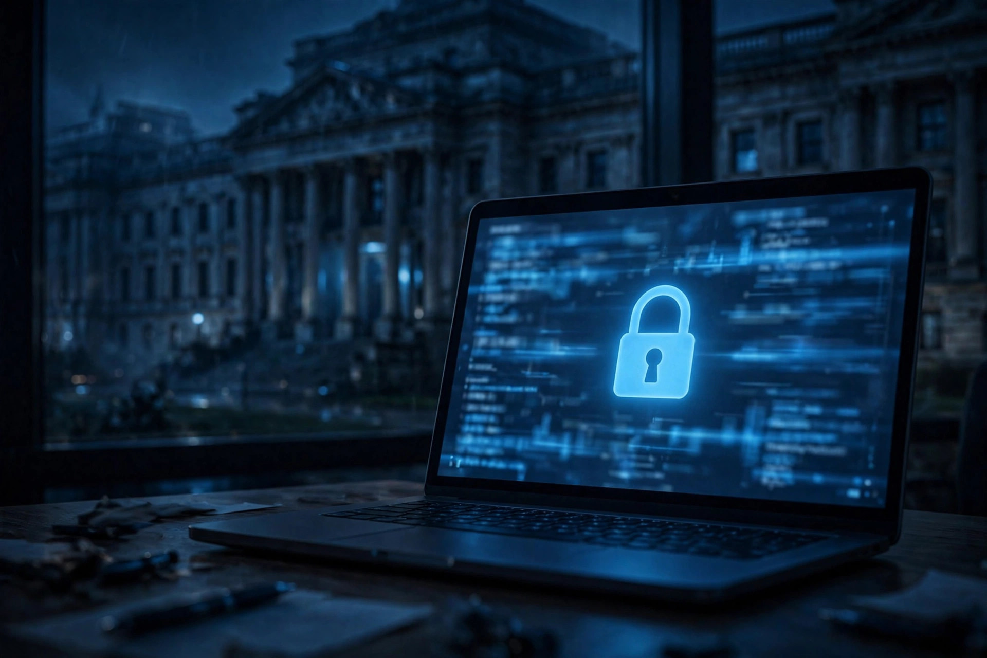 Editorial illustration: a laptop showing blurred data and a padlock symbol in front of a government building at night