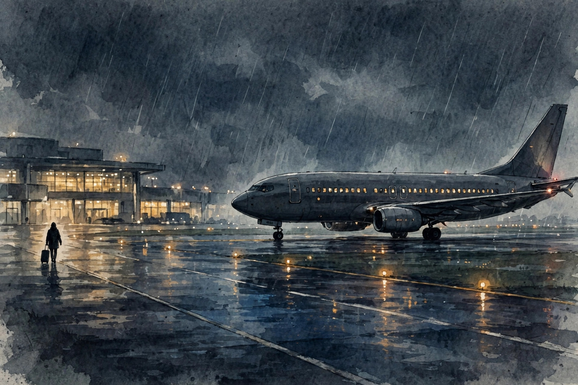 Editorial illustration: an airplane on a runway at night with a lone traveler silhouetted against terminal lights