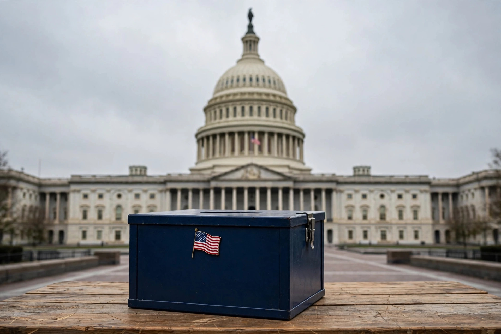 Editorial illustration: a ballot box with an American flag pin before the U.S. Capitol