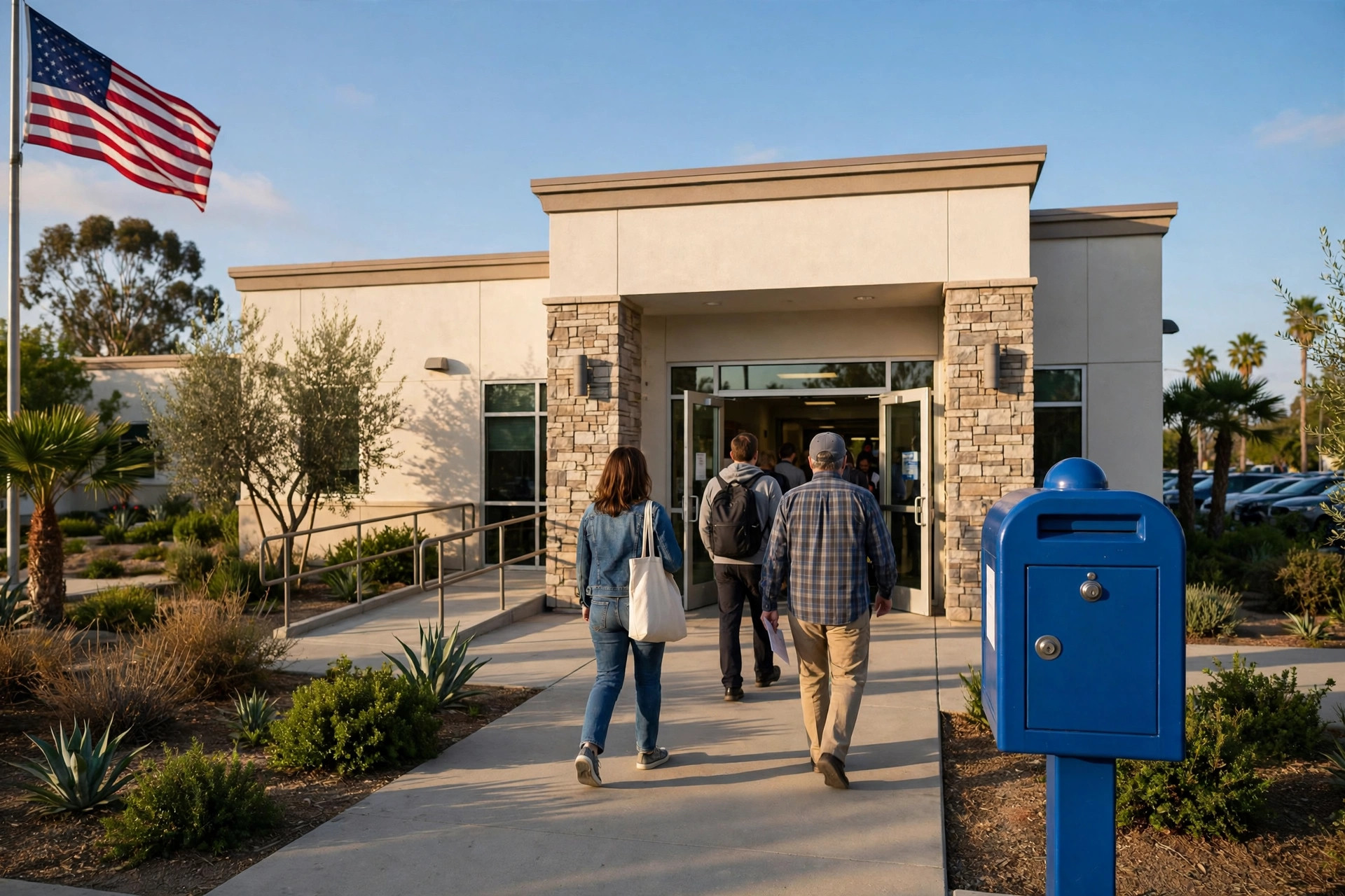 Editorial illustration: a California county elections office with a ballot drop box and an American flag