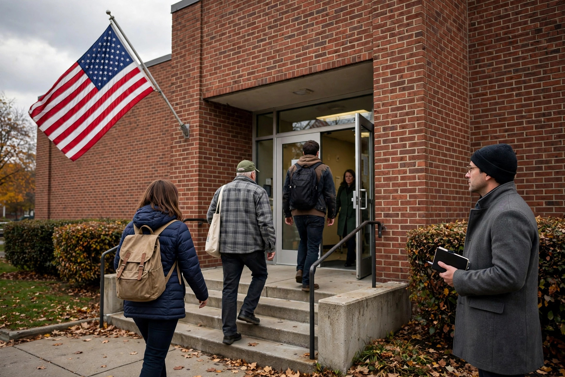 Editorial illustration: voters entering an American polling place with an observer holding a notebook standing aside