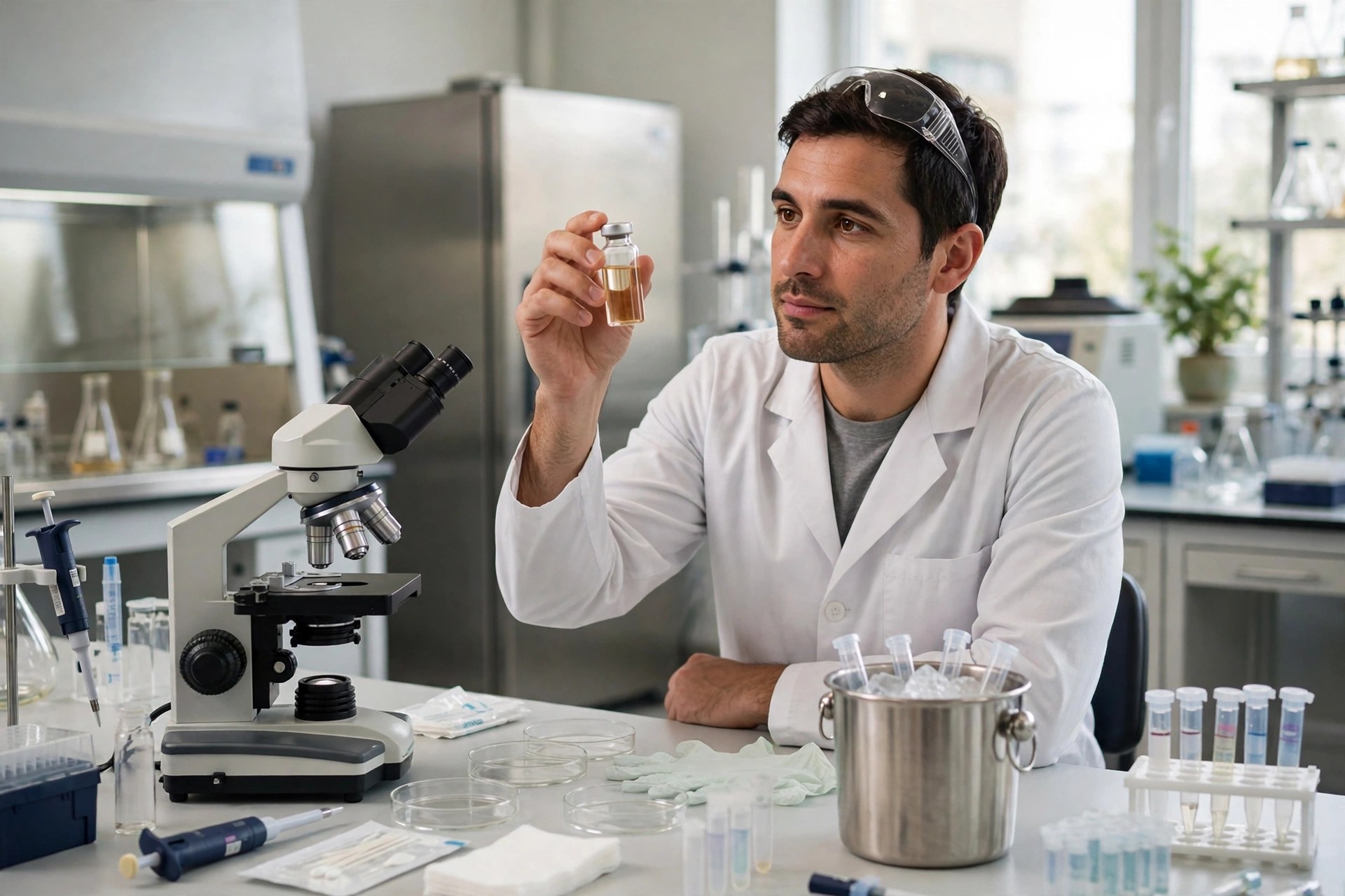 Editorial illustration: a scientist in a cancer research laboratory holding a vial