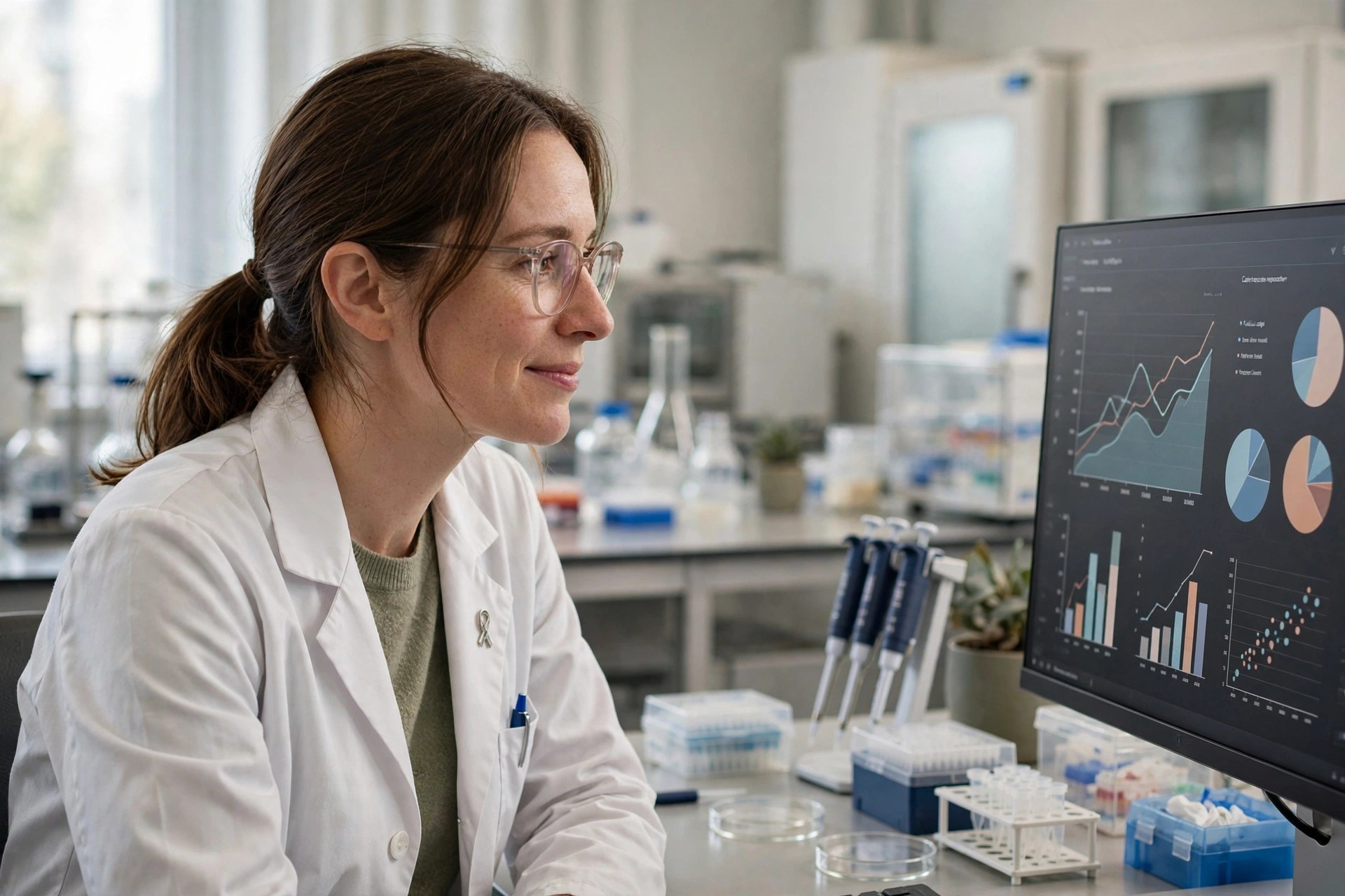Editorial illustration: a cancer researcher reviewing trial results in a modern oncology laboratory