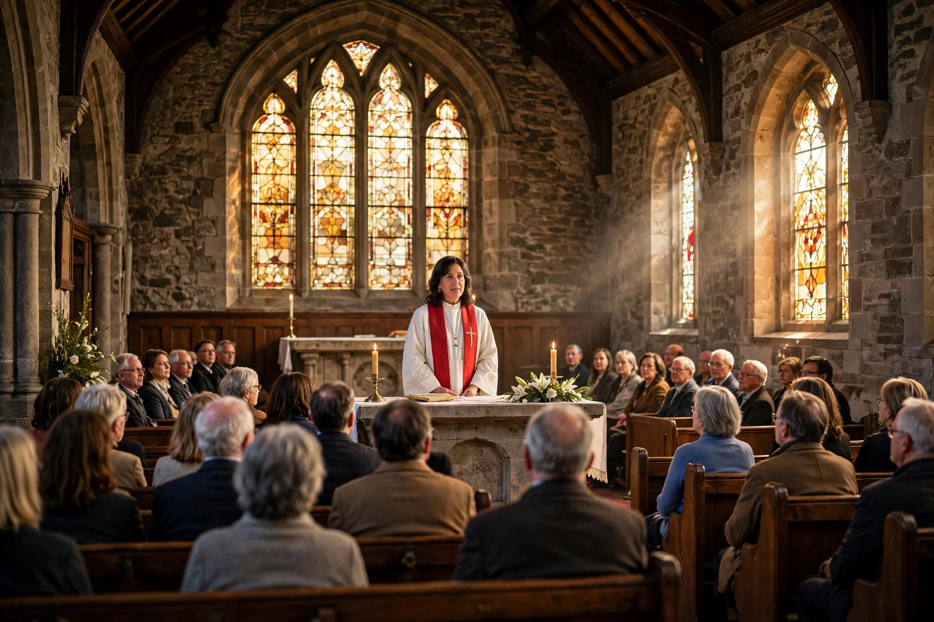 Editorial illustration: a woman bishop in a white alb and red stole standing at the altar of a historic church before a congregation