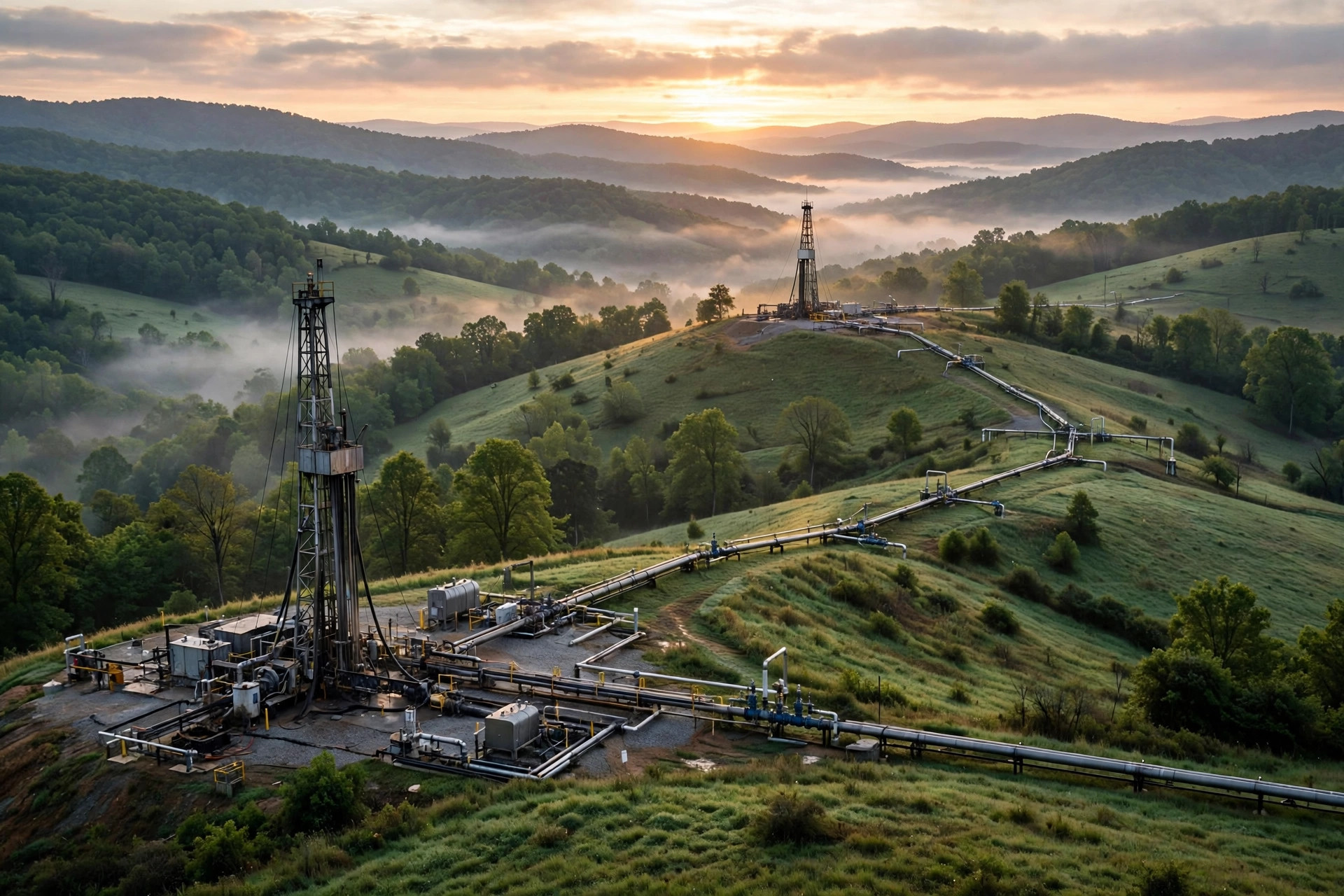 Editorial illustration: natural gas rigs and pipelines across green Appalachian hills at sunrise