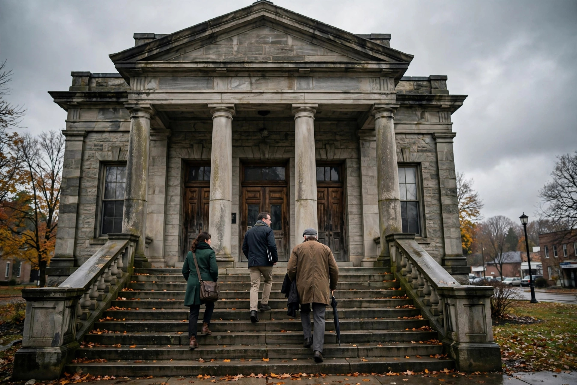 Editorial illustration: a county courthouse exterior in a small American city on an overcast autumn day