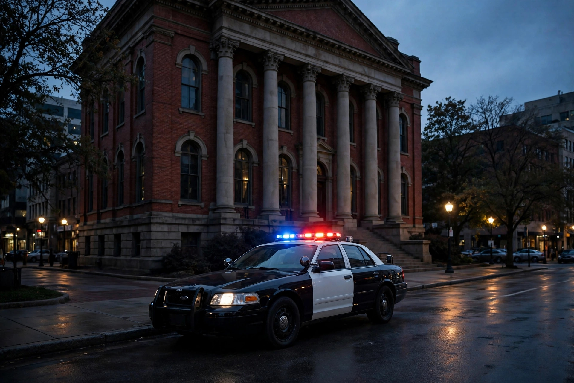 Editorial illustration: a police patrol car with flashing lights in front of a brick courthouse