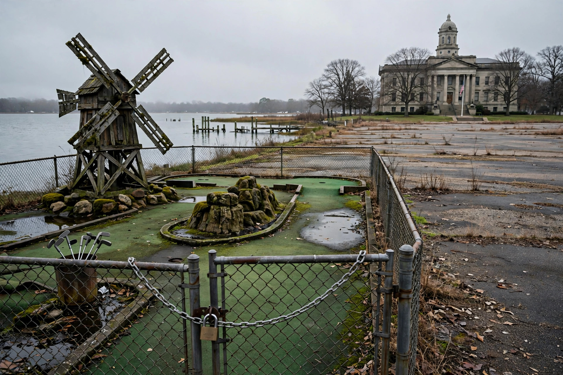Editorial illustration: a closed miniature golf course by a lake bayfront