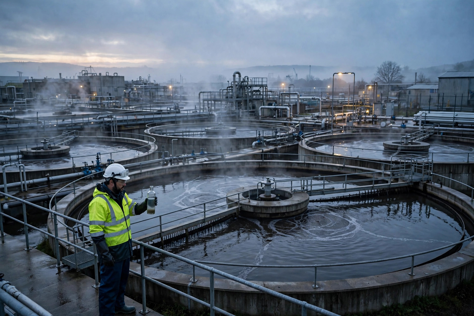 Editorial illustration: a wastewater treatment plant with circular tanks at dawn and a worker holding a sample bottle