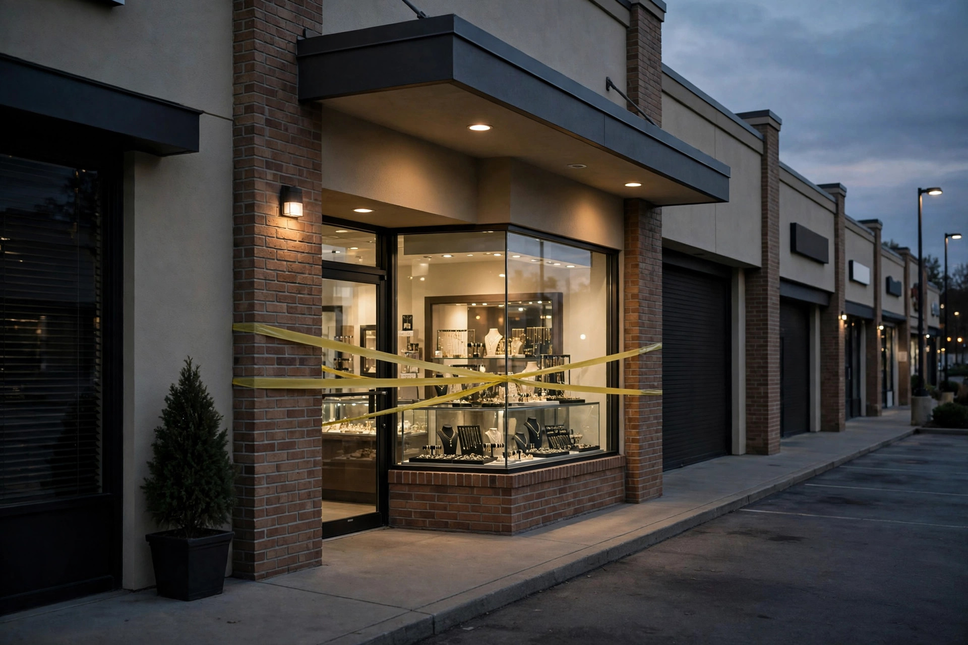 Editorial illustration: a small suburban jewelry storefront in a strip center with police tape across the entrance at dusk