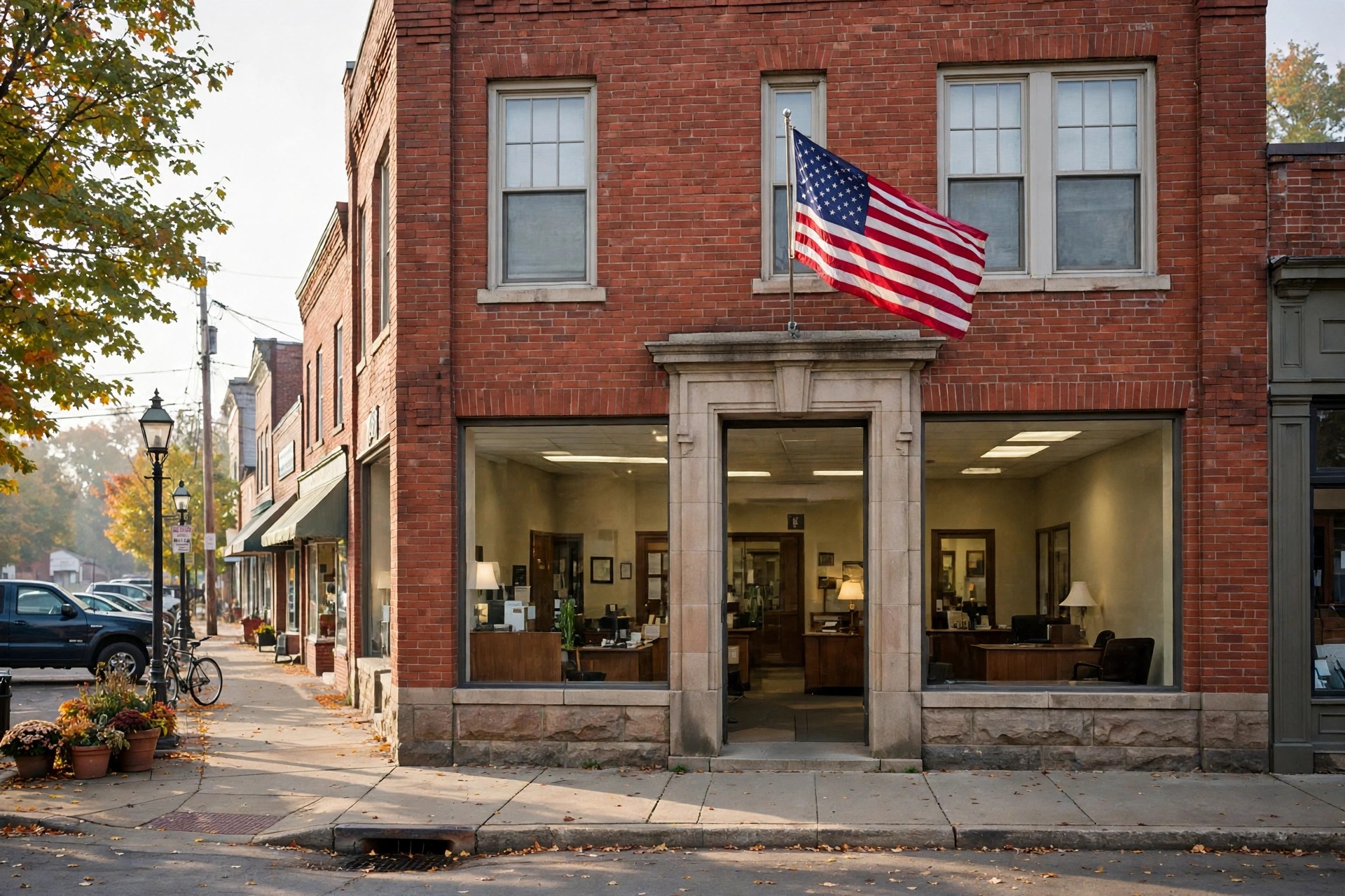 Editorial illustration: a community bank branch on the main street of a small Ohio town in morning light