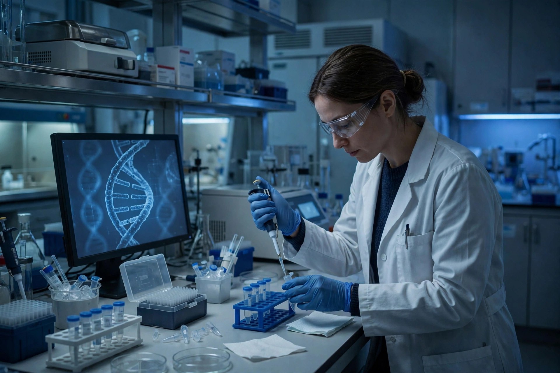 Editorial illustration: a scientist working in a modern biomedical laboratory