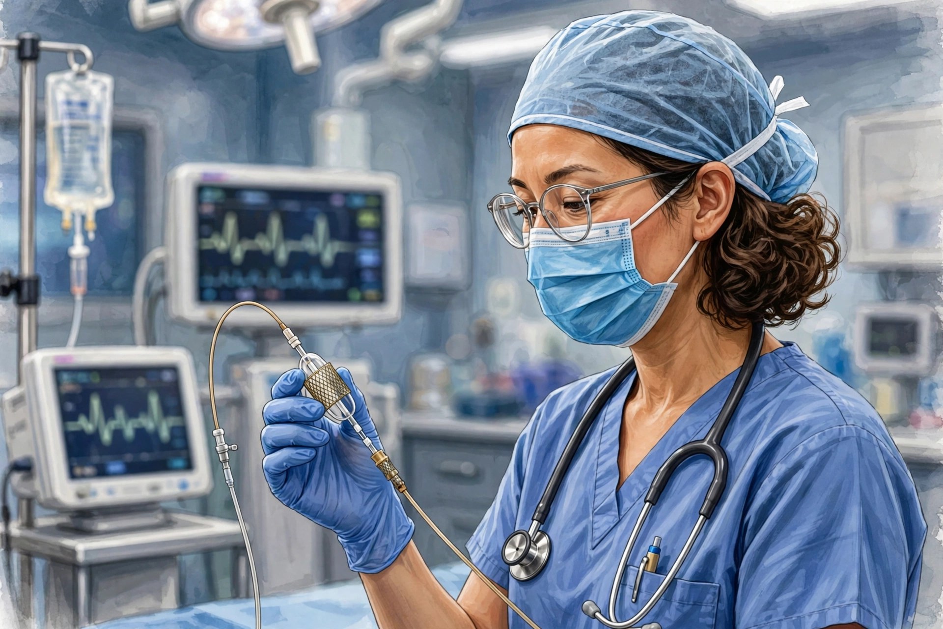 Editorial illustration: a cardiologist in a catheterization lab holding a small catheter-delivered heart device, monitors softly blurred behind