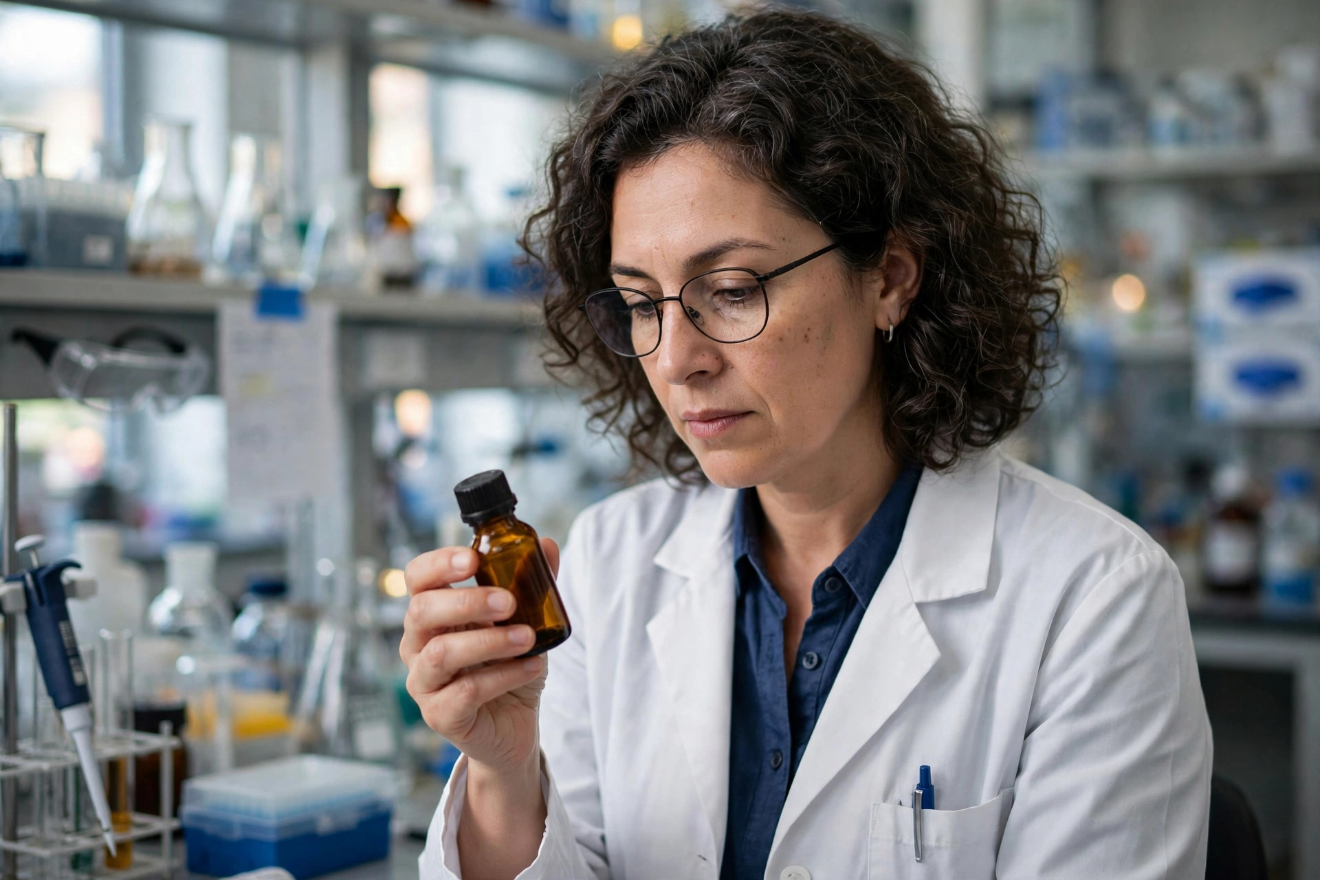 Editorial illustration: a scientist in a laboratory holding a medicine bottle