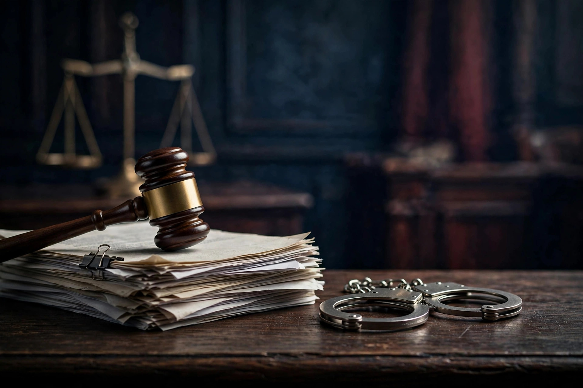 Editorial illustration: a judge's gavel resting on legal documents beside handcuffs on a courtroom bench