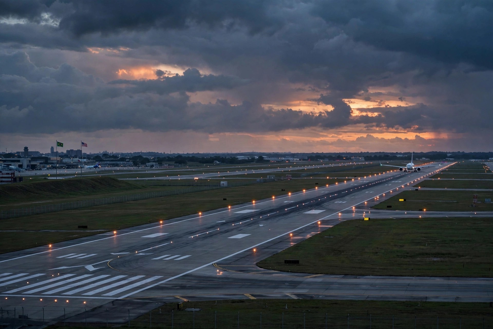 Editorial illustration: an airport runway at dusk with a passenger jet taxiing and Brazilian and American flags on distant poles