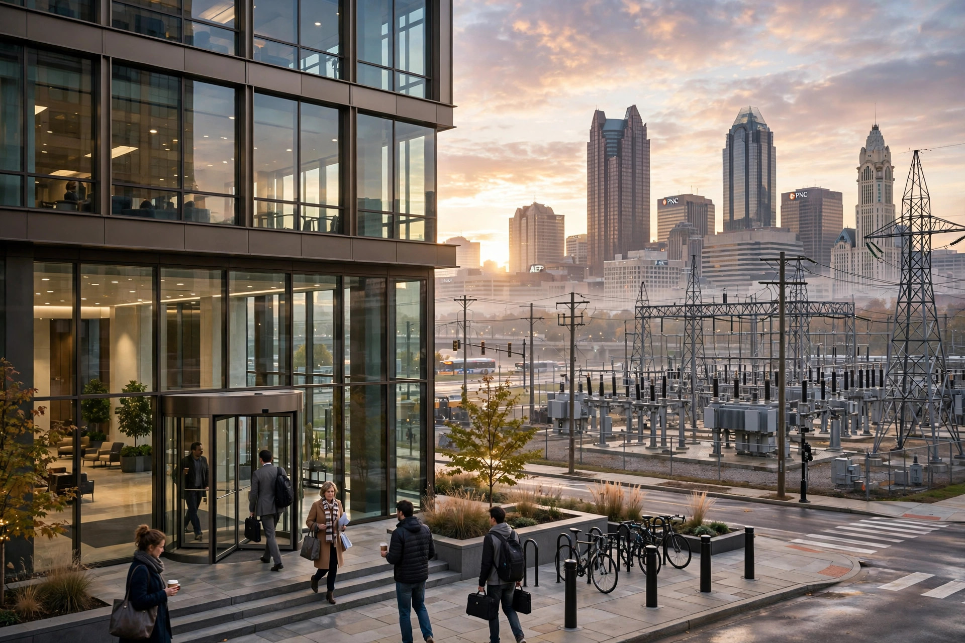 Editorial illustration: a modern downtown Columbus office tower at sunrise