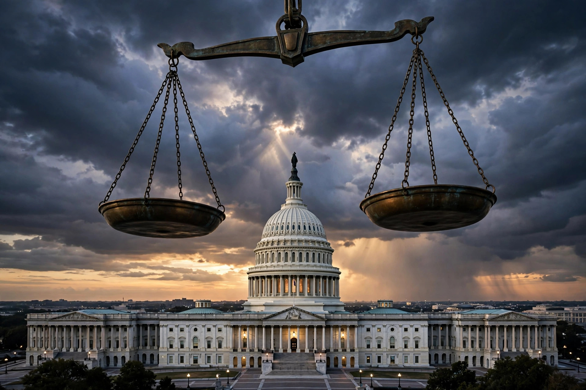 Editorial illustration: the U.S. Capitol beneath bronze scales of justice